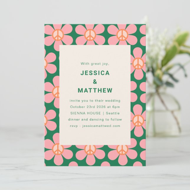 Invitation Fleur Rétro Paix Rose Vert Mariage Groovy (Debout devant)