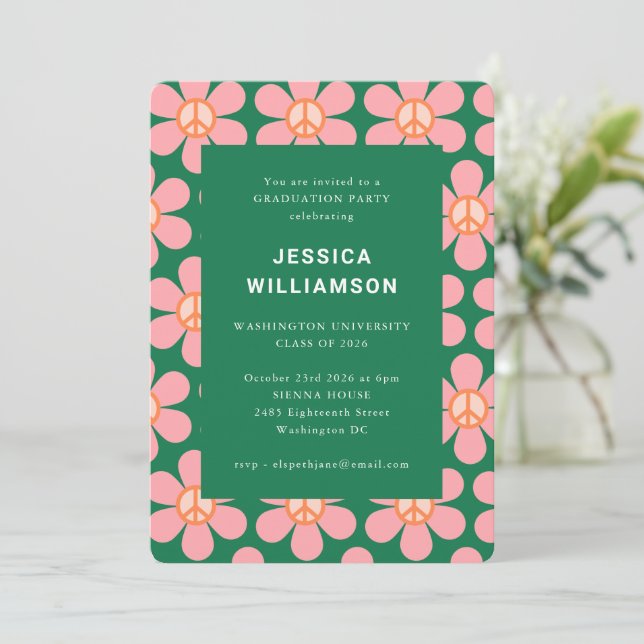 Invitation Fleur Retro Peace Pink Green Graduation Party (Debout devant)