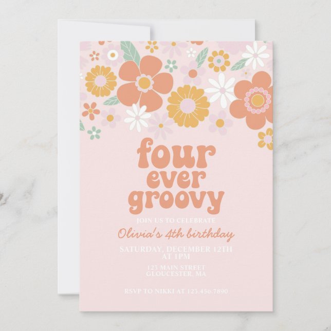 Invitation Fleur Rétro Quatre Forever Groovy 4e anniversaire (Devant)