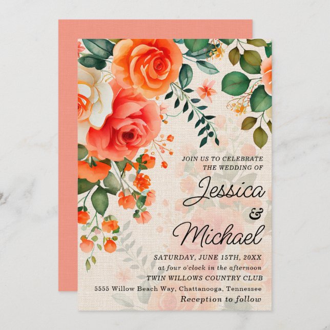 Invitation Fleur Romantique Corail Orange (Devant / Derrière)