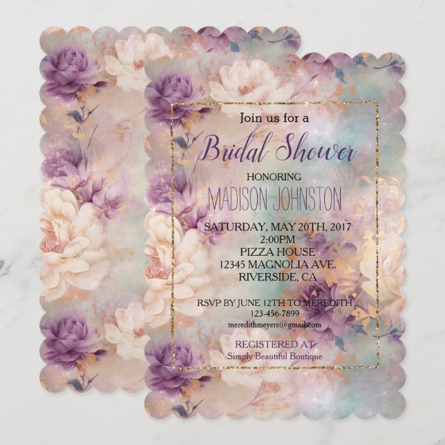 Invitation Fleur Romantique Violet Turquoise Blush (Devant / Derrière)