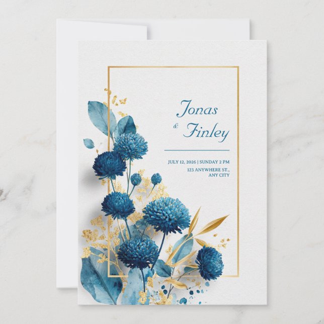 Invitation Fleur ronde bleu saphir profond avec feuille d'or (Devant)