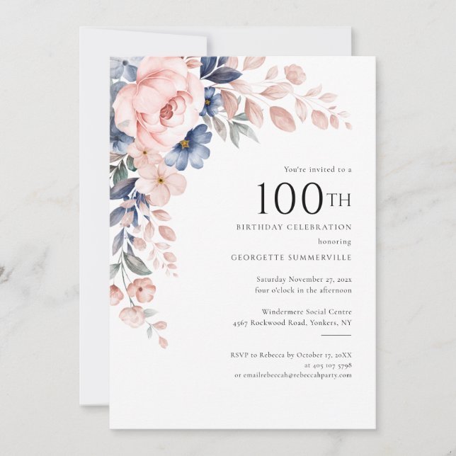 Invitation Fleur rose 100e fête d'anniversaire (Devant)