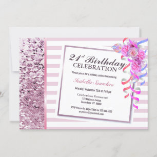 Invitation Fleur rose 21e fête d'anniversaire