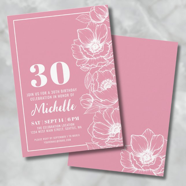 Invitation Fleur rose 30e anniversaire (Floral Pink 30th Birthday Invitation)