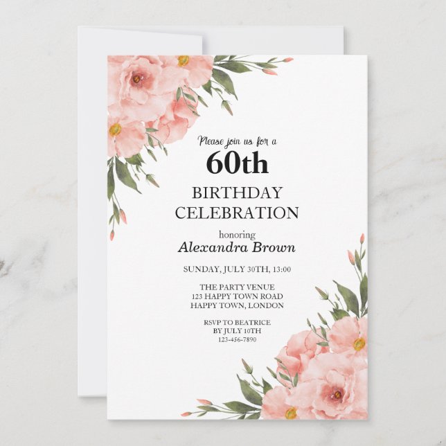 Invitation Fleur Rose 60e Anniversaire Photo Fête (Devant)