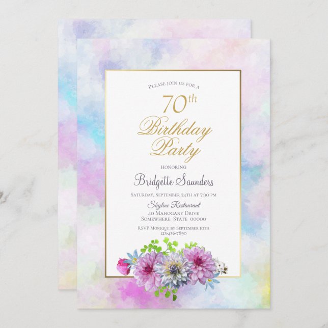 Invitation Fleur rose 70e fête d'anniversaire (Devant / Derrière)