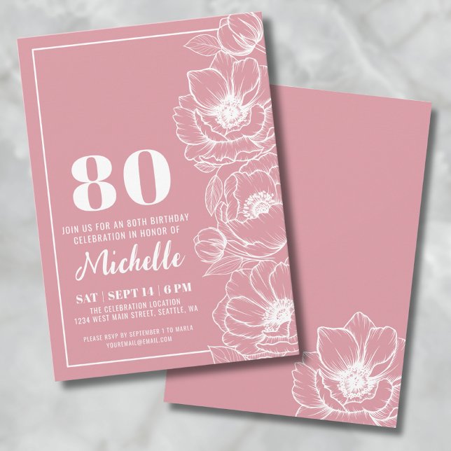 Invitation Fleur rose 80e anniversaire (Floral Pink 80th Birthday Invitation)