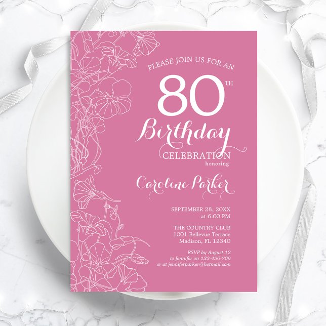 Invitation Fleur rose 80e fête d'anniversaire (Créateur téléchargé)