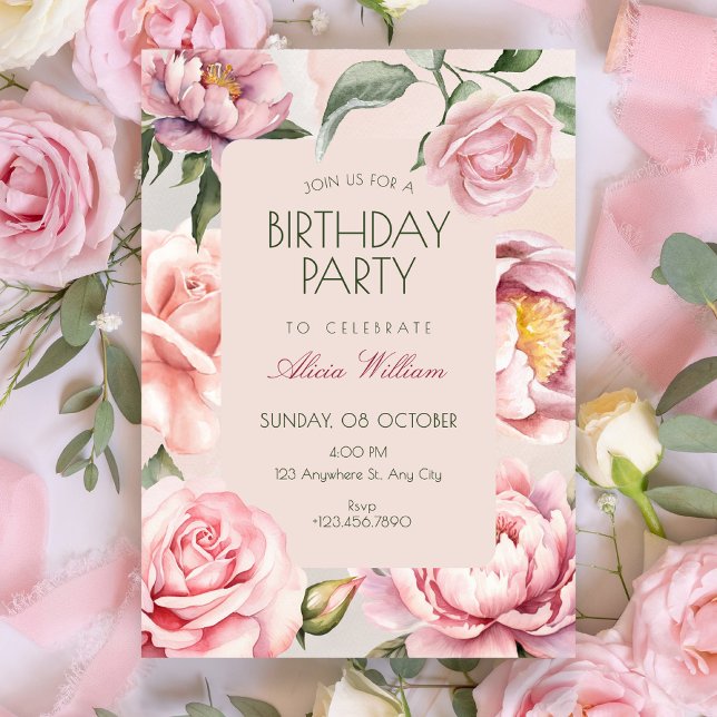 Invitation Fleur rose anniversaire en fleurs (Créateur téléchargé)