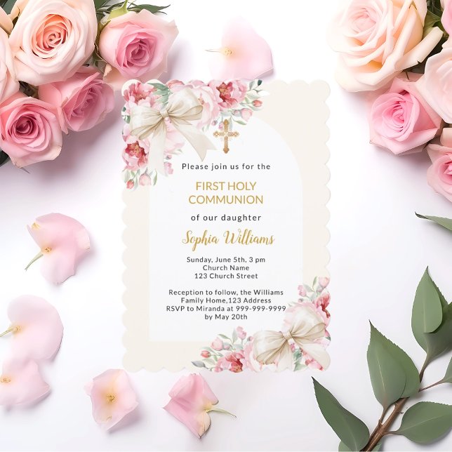 Invitation Fleur rose arc arc fille beige première communion (Créateur téléchargé)