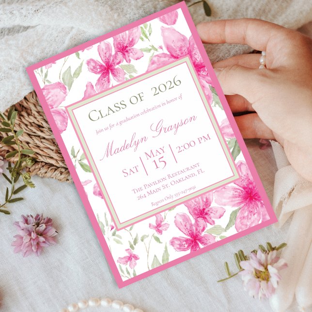 Invitation Fleur rose | Azalée aquarelle | Remise de diplômes (Créateur téléchargé)