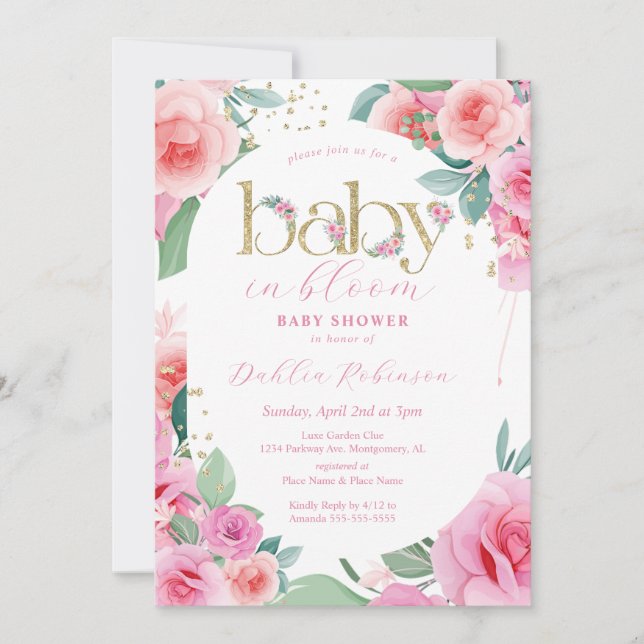Invitation Fleur rose bébé en fleurs Baby Shower (Devant)