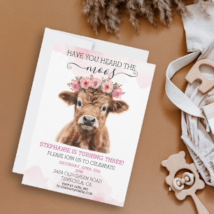Invitation Fleur rose bébé vache des Highlands anniversaire