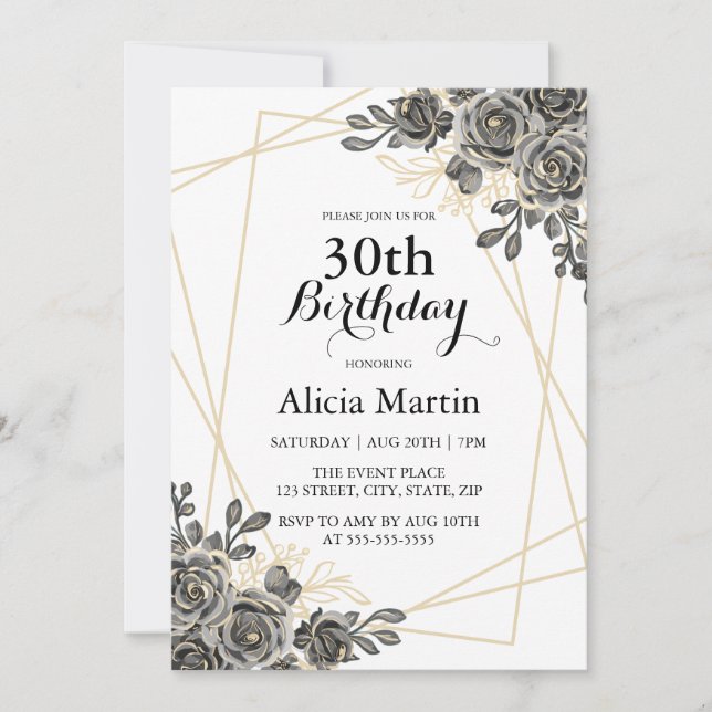 Invitation Fleur rose Black & Gold Femme Adulte Anniversaire (Devant)