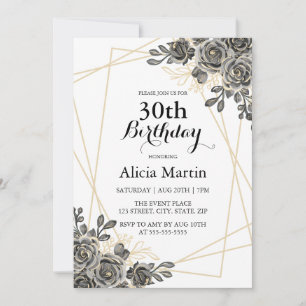 Invitation Fleur rose Black & Gold Femme Adulte Anniversaire