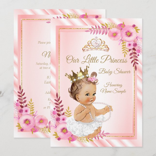 Invitation Fleur rose Blanche Princesse Baby Shower Brunette (Devant / Derrière)
