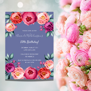 Invitation Fleur rose bleu foncé de luxe anniversaire