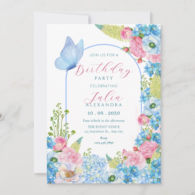 Invitation Fleur rose bleue fleur fleur fleur anniversaire pa (Devant)