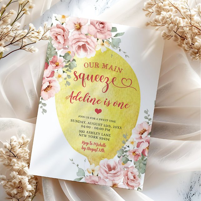 Invitation Fleur rose blush Lemon Main Squeeze 1er anniversai (Créateur téléchargé)