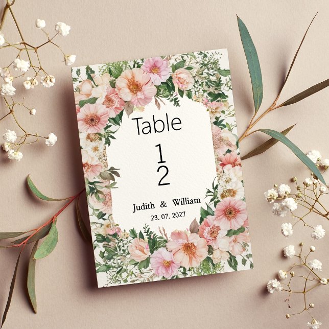 Invitation Fleur rose botanique florale estivale Numéros de t (Botanical pink blossom summer floral Table Numbers)