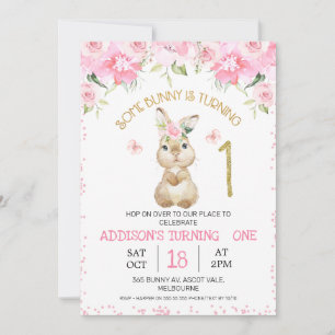 Invitation Fleur rose Bunny Or Bunny un premier anniversaire