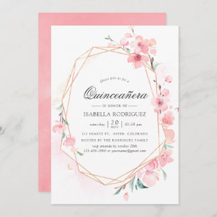 Invitation Fleur rose cerisier Géométrique Quinceañera