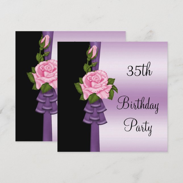 Invitation Fleur Rose Élégante & Ruban Violet 35e Anniversair (Devant / Derrière)