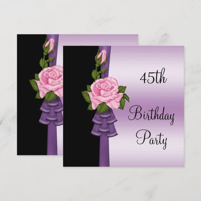 Invitation Fleur Rose Élégante & Ruban Violet 45e Anniversair (Devant / Derrière)