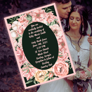 Invitation Fleur rose et beige ovale sur Mariage vert profond