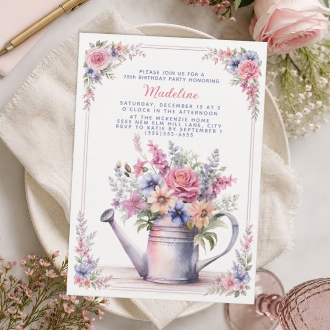 Invitation Fleur rose et bleue Arrosoir 75e anniversaire (Vintage watering can 75th birthday invitation)