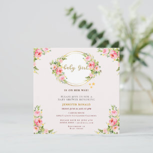 Invitation Fleur rose et or baby shower fille bébé