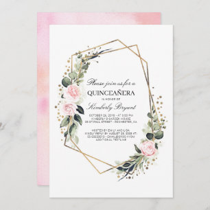 Invitation Fleur rose et or Confetti Quinceanera