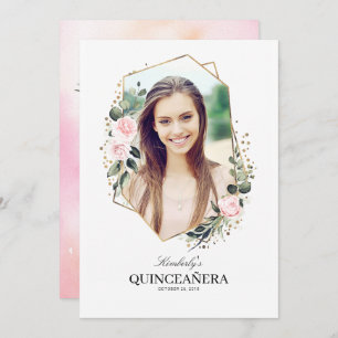 Invitation Fleur rose et or Confetti Quinceanera Photo