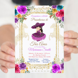 Invitation Fleur rose et or Tres Anos Mexicain