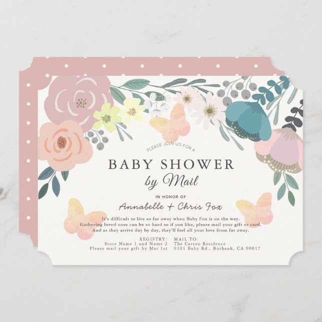 Invitation Fleur rose et papillons Baby shower par courrier (Devant / Derrière)
