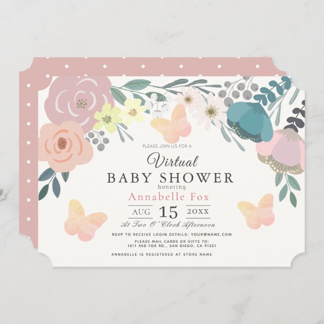 Invitation Fleur rose et papillons Baby shower virtuel fille (Devant / Derrière)