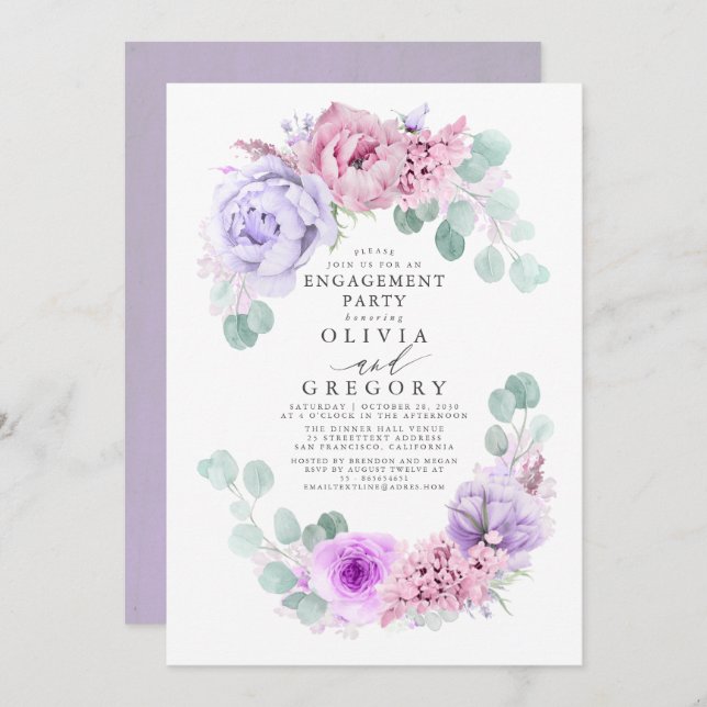 Invitation Fleur rose et violet Élégante Partie d'engagement (Devant / Derrière)