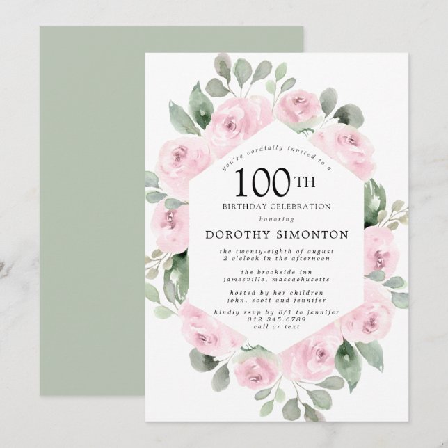 Invitation Fleur rose Eucalyptus 100e fête d'anniversaire (Devant / Derrière)