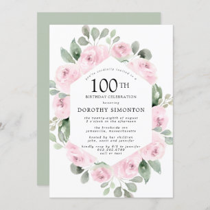 Invitation Fleur rose Eucalyptus 100e fête d'anniversaire