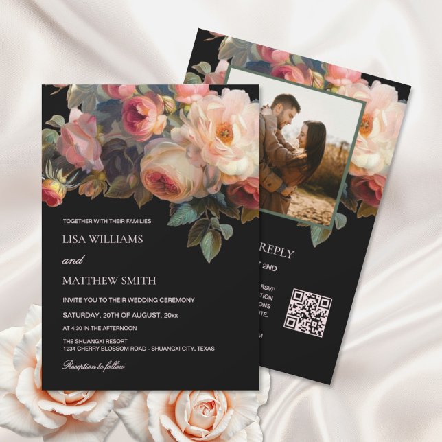 Invitation Fleur Rose Foncé Floral | Photo Mariage (Créateur téléchargé)