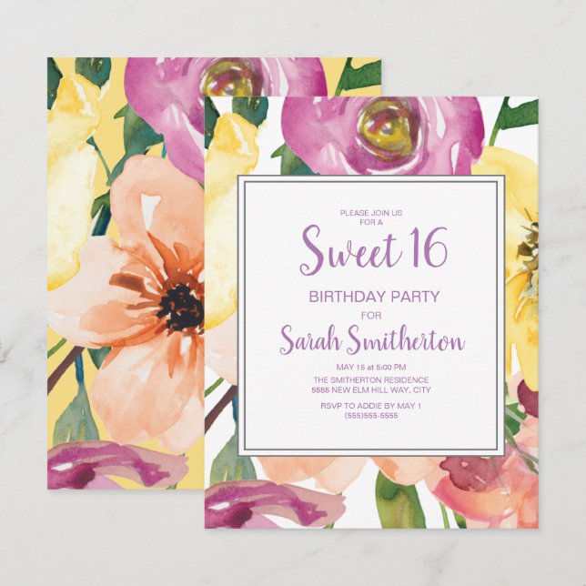 Invitation Fleur rose jaune violet Douce 16e anniversaire (Devant / Derrière)