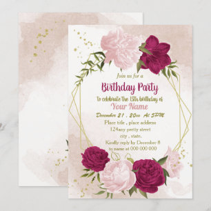 Invitation fleur rose magenta feuilles anniversaire vert