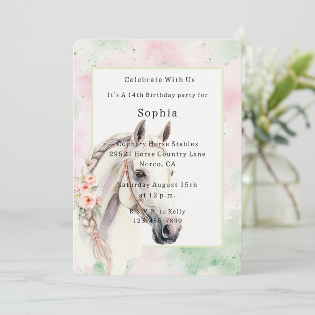 Invitation Fleur rose menthe Cheval blanc Anniversaire   (Debout devant)