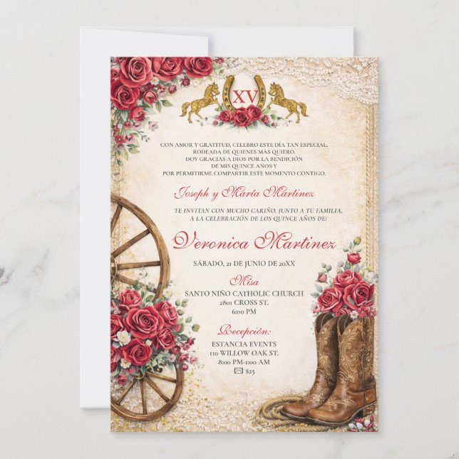 Invitation Fleur rose occidentale rustique Quinceañera mexica (Devant)