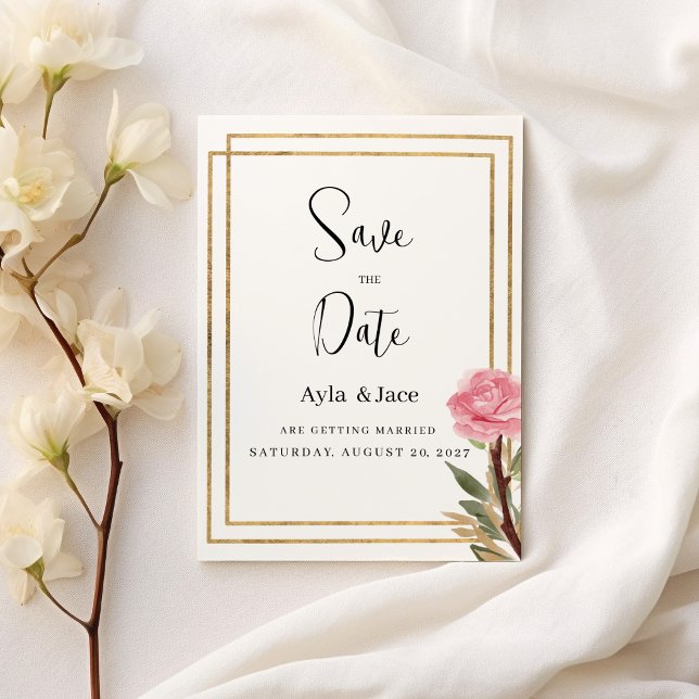 Invitation Fleur rose or blanc géométrique Enregistrer la dat (Geometric white gold pink flower Save the Date)