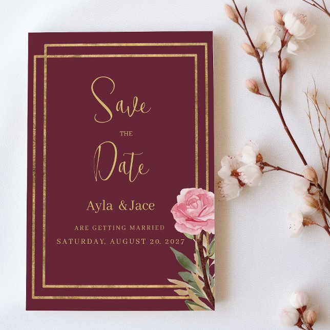 Invitation Fleur rose or bordeaux géométrique Enregistrer la  (Geometric burgundy gold pink flower Save the Date)