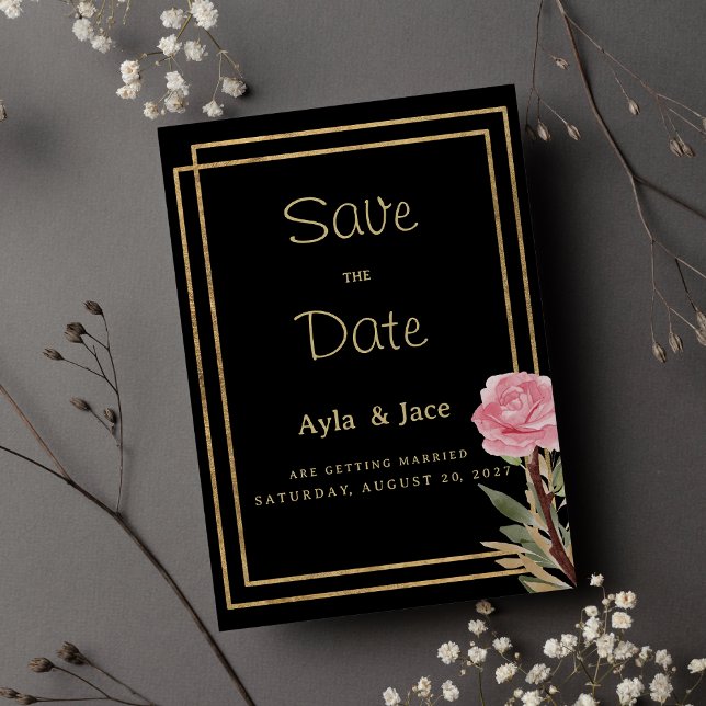 Invitation Fleur rose or noir géométrique Enregistrer la date (Geometric black gold pink flower Save the Date)