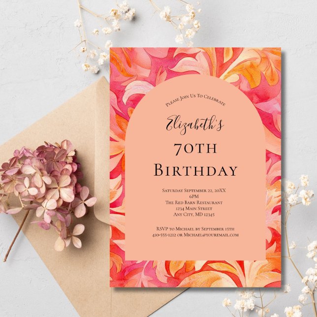 Invitation Fleur rose orange pêche 70e anniversaire pour elle (Pink Orange Peach Art Nouveau Florals 70th or any year, birthday party invitation, Printed or Digita)