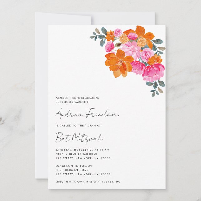 Invitation Fleur rose orange vif Bar Mitzvah brillant      (Devant)